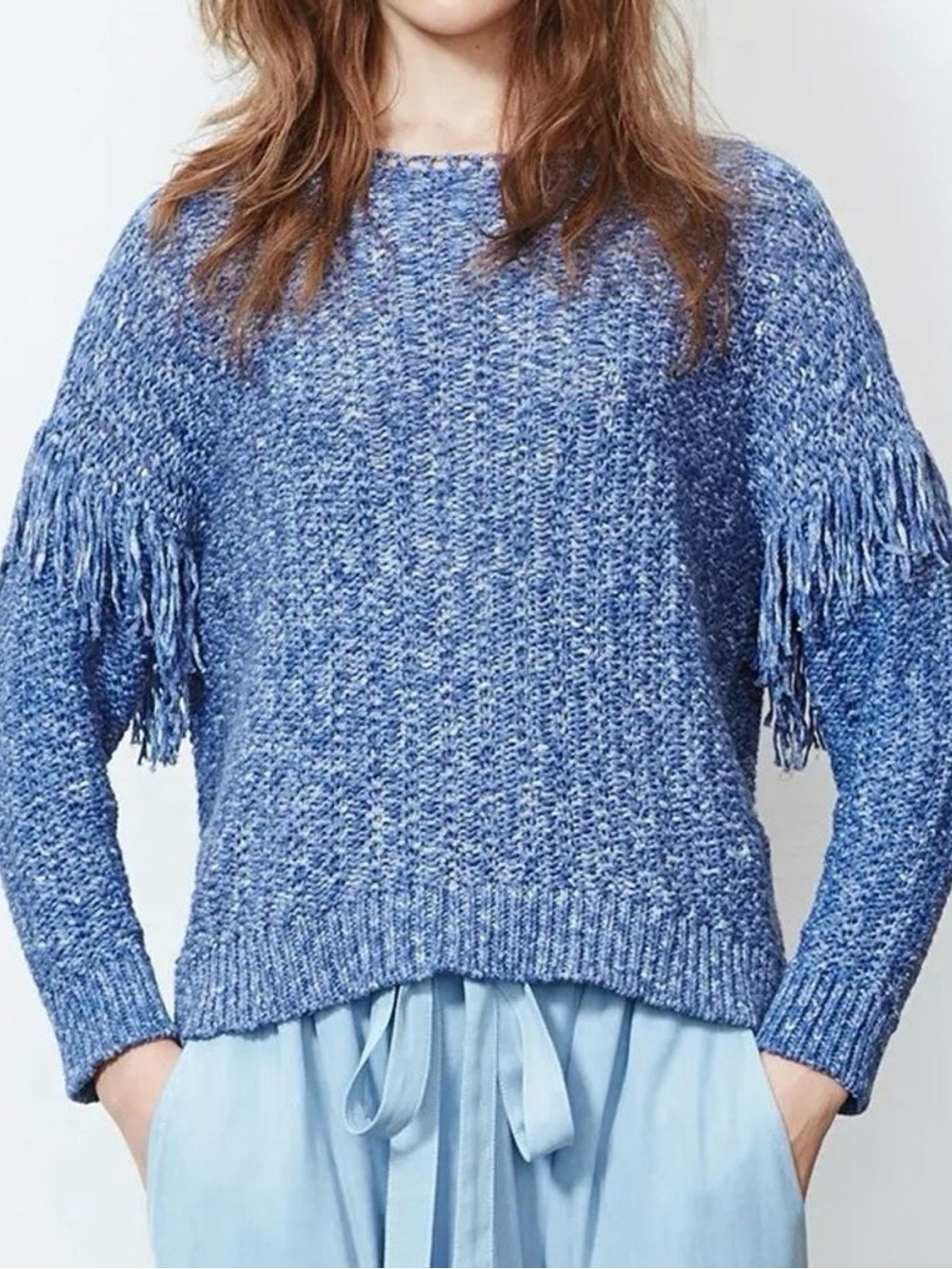 Ulla Johnson Blue Marled Fringe Crewneck Sweater
